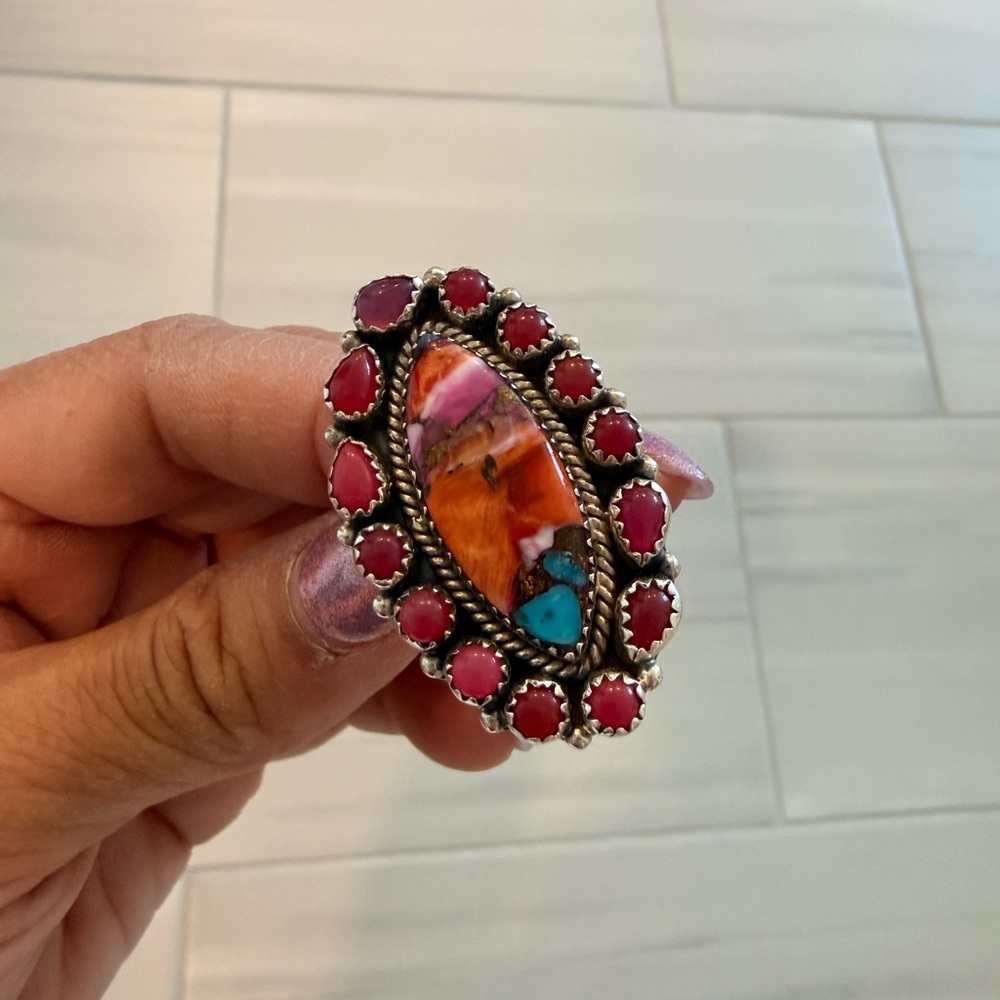 Nizhoni Traders Pink Opal, Pink Dream Mojave, Sterling Silver Adjustable Ring - Picture 4 of 9
